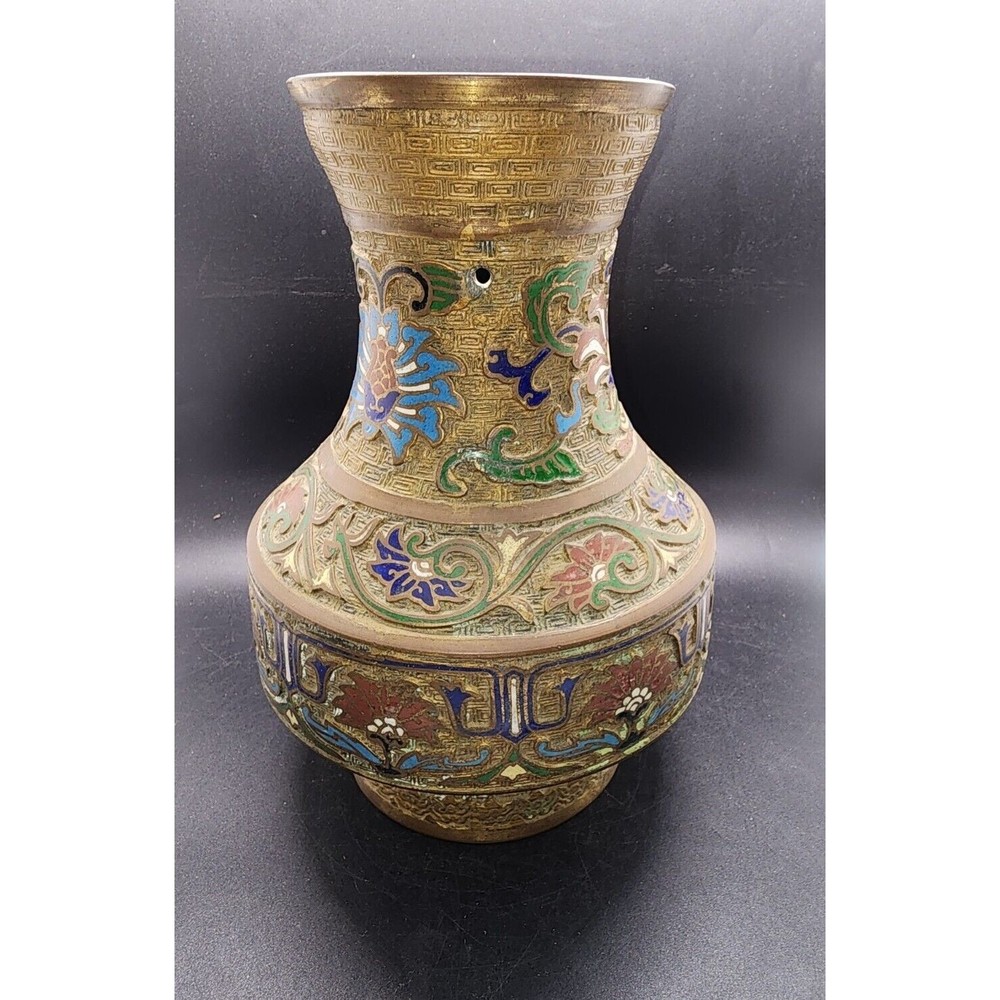 Vintage Heavy Brass Japanese Inlaid Cloisonné Missing 1 Handle Vase Made Japan - Picture 6 of 14